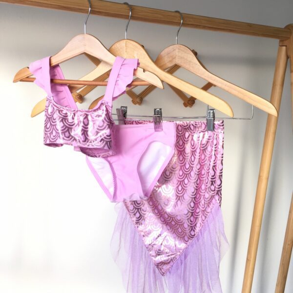 Toddler Girls' 3pc Mermaid Scale Top and Skirt Bikini ชุดบิกินี่ท่อนบนและกระโปรงสำหรับเด็กผู้หญิง 3 ชิ้น สเกลเมอร์เมด