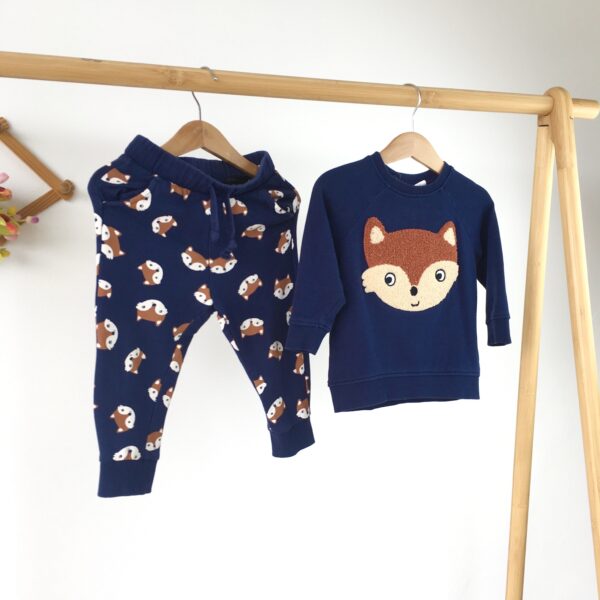 Winter Wear H&M ชุดเซ็ตกันหนาวลายหมาป่าสีกรมสําหรับเด็ก 2 ชิ้น