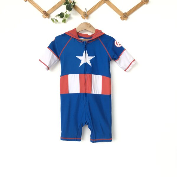 Kids Captain America Swimwear Bodysuitชุดว่ายน้ำเด็ก Captain America ชุดบอดี้สูท